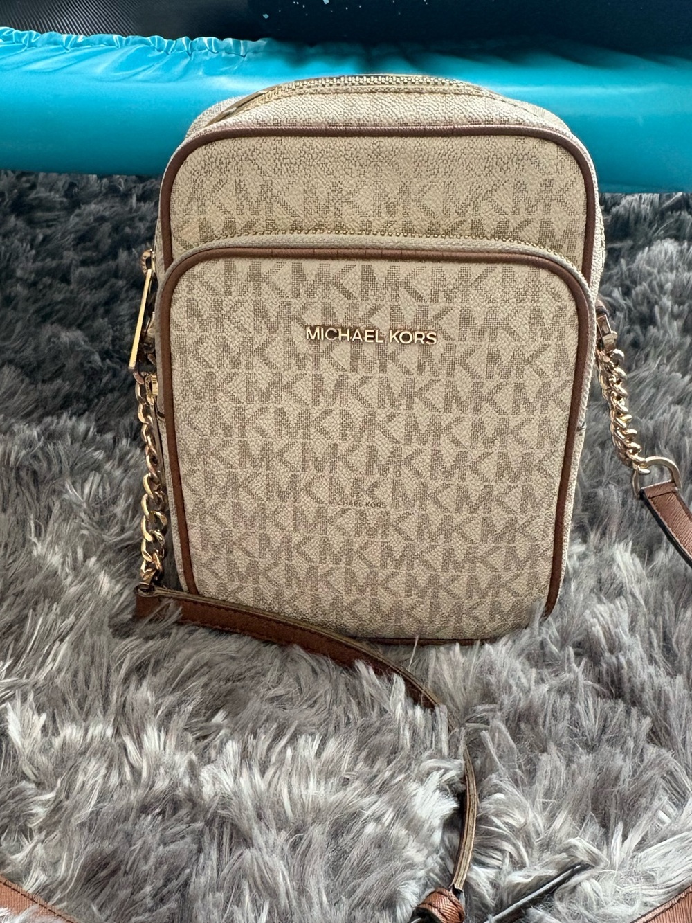 Michael Kors Beige Monogram Crossbody with Brown Trim and Gold Hardware